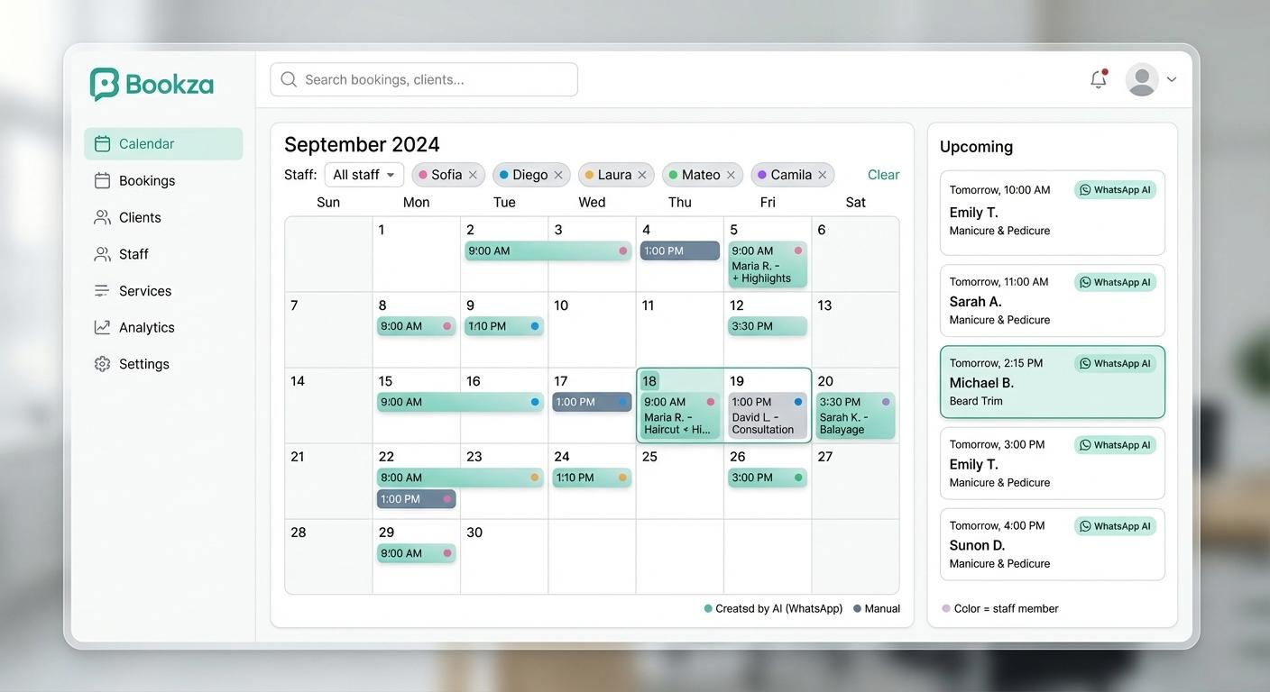 Bookza dashboard calendar showing bookings and staff filters